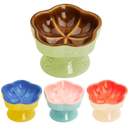 S&Q's CERAMICS Raised Cat Bowl, Elevated Cat Bowl for Food and Water, Ceramic Titled Dish, Anti Vomit & Whisker Friendly, Microwave and Dishwasher Safe (Brown, 5.8") - color: Brown