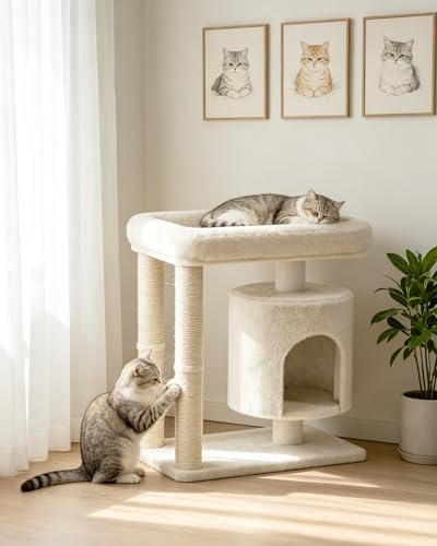 Small Cat Tree, Cat Tree for Large Cats with Perch Bed, Dual Sisal Scratching Posts, Cozy Condos for Indoor Cats Kittens, Beige