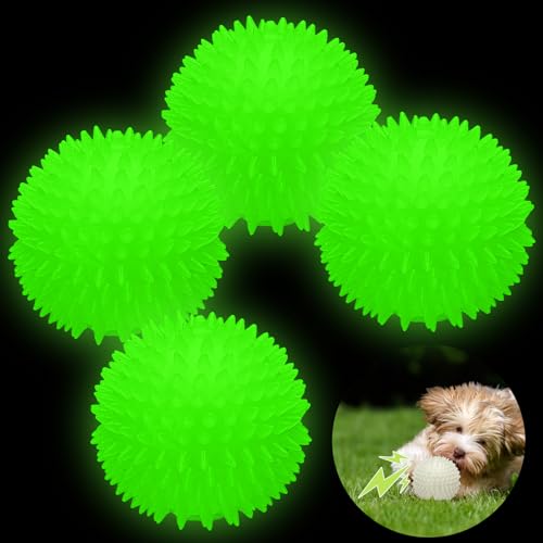 Silipull 4 Pcs 3.15 Inch Glow Dog Ball Spiky Squeaky Rubber Dog Toy