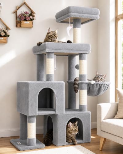 Globlazer 52in Cat Tree Tower for Indoor Cats, 2 Condos, S52, Light Grey - color: Light Grey