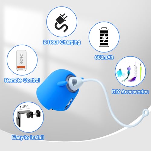 Cat Toys Interactive for Indoor Cats, Rechargeable Toy Hanging Door Electric with 4pcs Feathers Toys for Bored Kittens (Blue) - color: Blue