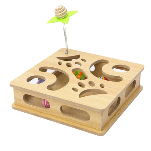 Interactive Wooden Cat Puzzle Toy Box Indoor Hunting Play Toy to Stimulate Your Cat’s Energy and Instincts (Burlywood) - color: Burlywood