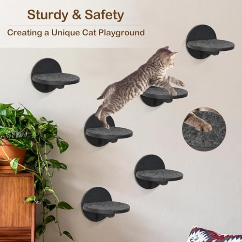 Cat Wall Shelves Furniture Set of 6, Wooden Cat Steps for with Scratching Pad, Sturdy Floating Climber Ladder Stairs, Cats Climbing Wall Systems for Cats Sleep Climb Play - color: black
