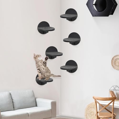 Cat Wall Shelves Furniture Set of 6, Wooden Cat Steps for with Scratching Pad, Sturdy Floating Climber Ladder Stairs, Cats Climbing Wall Systems for Cats Sleep Climb Play - color: black