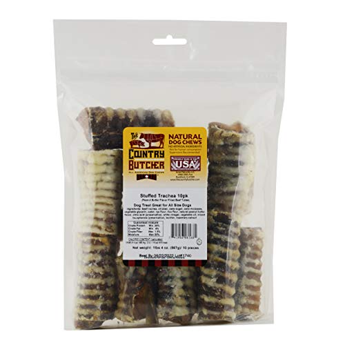 THE COUNTRY BUTCHER Filled Beef Trachea Dog Treats, Glucosamine and Chondroitin for Joint Health, Natural, Tough, Stuffed Chew Toy, Made in the USA, Peanut Butter, 10 Count - Rawhide Free, No Bone