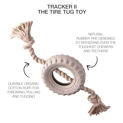 Pet Passion Natural Rubber Tire and Organic Cotton Rope Pull and Chew Dog Toy for All Pet Breeds, Almond Milk, Large - color: Almond Milk, size: Large