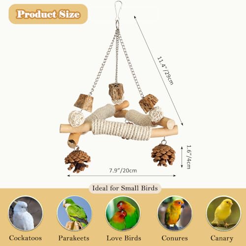 Bird Swing Perch Toy, Hanging Wooden Bird Swing with Rope Wrapped Perches, Pine Cones and Natural Chew Elements for Parakeets, Budgies, Cockatiels, Lovebirds and Small Birds