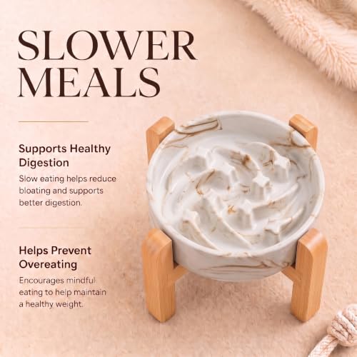 Elevated Ceramic Slow Feeder Dog Bowls Anti-Choking Slow Feeding for Medium& Large Anti-Slip Non-Lead & Toxic Durable Easy to Clean Maze Slow Feeder Bowl（8.66in Marble Brown Stars Pattern） - color: Marble Brown Stars Pattern, size: 3.6Cup