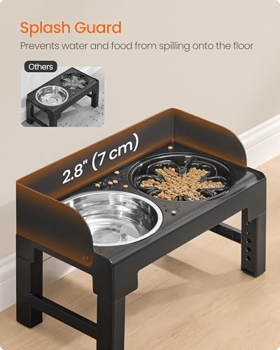 Feandrea Dog Bowls Elevated, Adjustable Height, Tilted Design - color: Ink Black, style: 1 Plastic Slow Bowl + 2 Stainless Basic Bowl