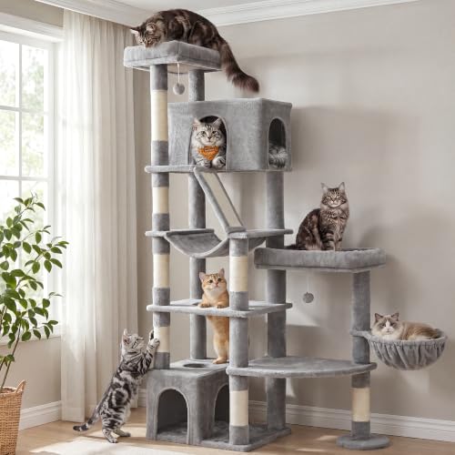 Feandrea Large Cat Tree, 74.1" Tall Sturdy Cat Tower for Indoor, Dove Gray - color: Dove Gray, size: 41.3"L x 17.7"W x 74.1"H