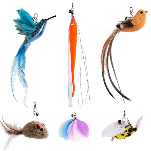 JXFUKAL Cat Feather Toy Refills, 6Pcs Simulation Bird Mouse Bee Worm Feather Cat Lures Wand Attachment Replacement for Kitty Kitten Indoor Cats Accessories - color: 6PCS REFILLS