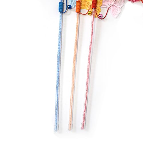 Cat Wand Toys, 3 PCS Vibrant Cat Teaser Wands with Butterfly, Pompom - Elastic Cord Feather Wands Cute Interactive Kitten Toy