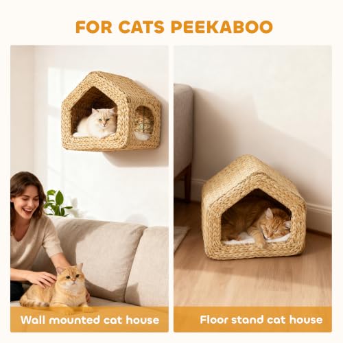 PawHut Wall Mounted Cat House Washable Cushion Indoor Kittens Natural
