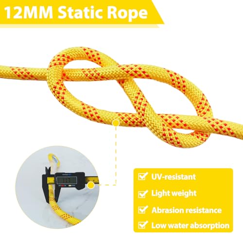 Static Climbing Rope - 12mm High Strength Arborist Rope 65FT for Outdoor Rappelling, Swing, Rigging, Tree Work, Camping - Yellow - color: Yellow, size: 65FT