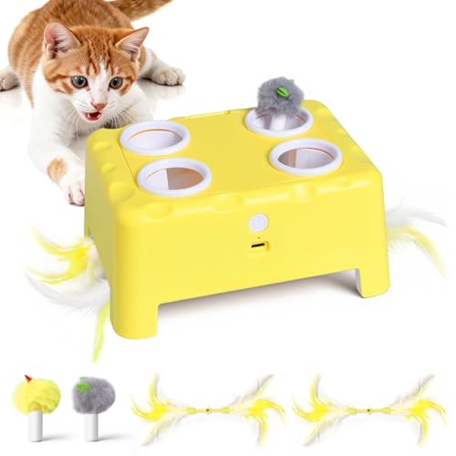 Interactive Cat Feather Toy Cheese Box 3in1 Whack a Mole - color: Yellow