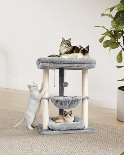 SYANDLVY Small Cat Tree for Indoor Cats with Top Perch Hammock & Bottom Bed - color: Grey