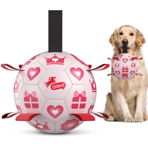 QDAN Valentines Gift Dog Toys, 8 Inch Dog Soccer Ball with Straps, Pink - color: Pink, size: Large Size 3 (8 Inch)