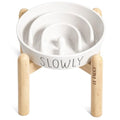 LE TAUCI PET Ceramic Slow Feeder Dog Bowls Elevated, 3 Cups Raised Dog Bowl with Wooden Stand for Medium Large Breed to Slow Down Eating, Puzzle Food Bowl,White - color: White+Stand, size: L-3 Cups
