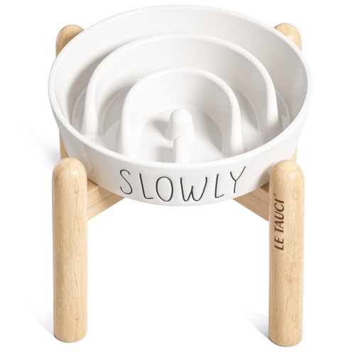 LE TAUCI PET Ceramic Slow Feeder Dog Bowls Elevated, 3 Cups Raised Dog Bowl with Wooden Stand for Medium Large Breed to Slow Down Eating, Puzzle Food Bowl,White - color: White+Stand, size: L-3 Cups
