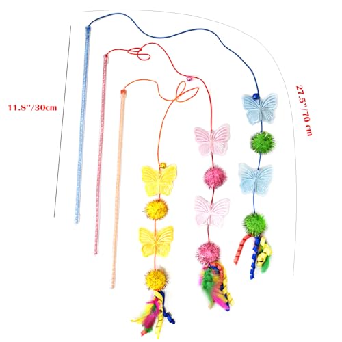 Cat Wand Toys, 3 PCS Vibrant Cat Teaser Wands with Butterfly, Pompom - Elastic Cord Feather Wands Cute Interactive Kitten Toy