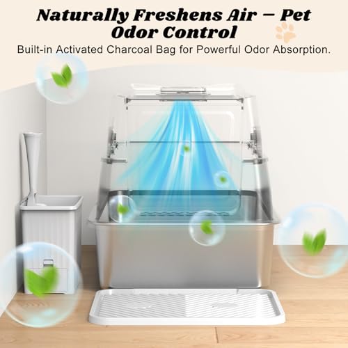 AIPERRO Enclosed Stainless Steel Cat Litter Box with Lid High Sided - color: Transparent Grey, size: X-Large
