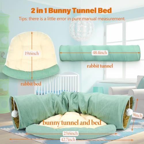 BWOGUE Bunny Tunnel Bed, 2-in-1 Collapsible Rabbit Tunnel Hideout with Mat - color: Green