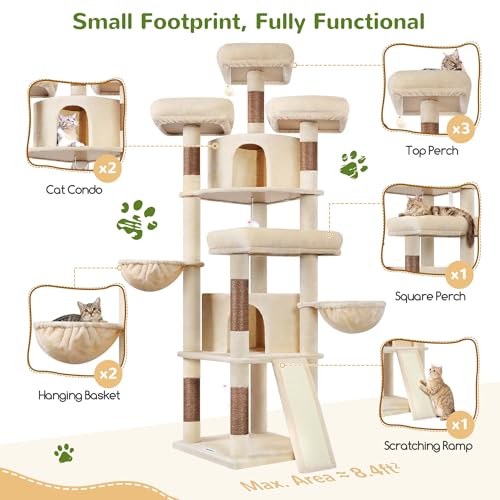 Globlazer 80 Inch Cat Tree for Large Cats, Tall Cat Tower for 4+ Cats, Multi-Level Cat Tree Tower with 2 Condos, 3 Perches, Hammock and 7 Sisal Scratching Posts, F80H, Beige - color: Beige, size: 80 Inch