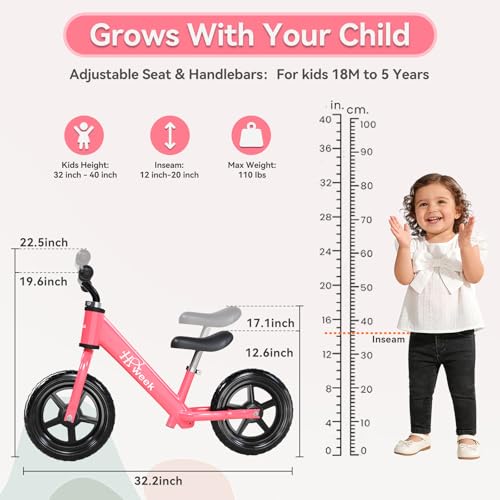 Toddler Balance Bike 12” No Pedal Training Bike for Kids 2-5 Years Adjustable Seat & Handlebar Best Gifts for 1-3 Boys Girls (Pink) - color: Pink