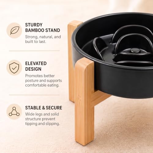 Elevated Ceramic Slow Feeder Dog Bowls Anti-Choking Slow Feeding for Small&Medium Size Anti-Slip Non-Lead & Toxic Durable Easy to Clean Maze Slow Feeder Bowl（8.26in Black Flower Pattern） - color: Black Flower Pattern, size: 1.6Cup