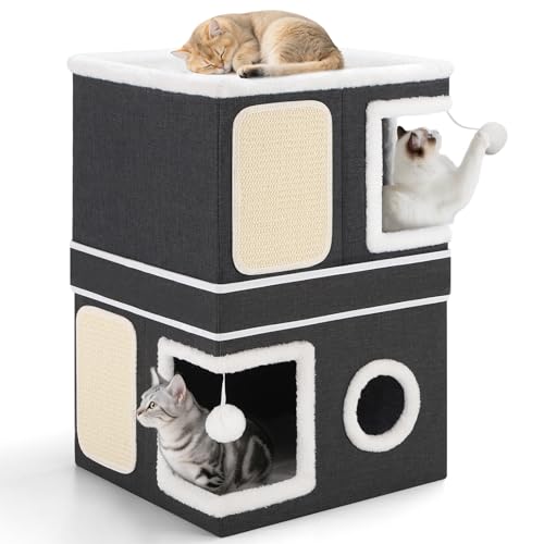 Shikha 2 Story Cat House beds for Indoor Cats with Scratch Pads Black - color: Black, size: Double