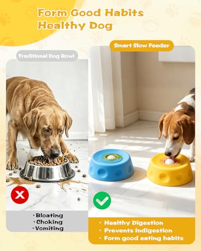 2 Pack Slow Feeder Dog Bowl with Rolling Ball, Interactive Lick Bowl for Dogs & Cats Anti-Slip Silicone Lick Mat for Liquid Treat Wet Food Bone Broth Enrichment Toy for Small Medium Large Dogs - color: Blue & Yellow