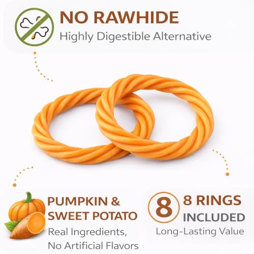 No Rawhide Puppy Teething Rings – Highly Digestible Rawhide Alternative Chews (8 Rings, Pumpkin & Sweet Potato) - size: 4 Count (Pack of 2)