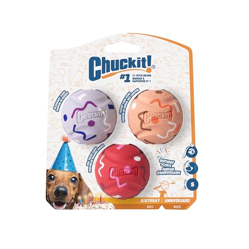 Chuckit! Birthday Fetch Medley Dog Balls, Small (2"), Pack of 3 – Bouncy Birthday‑Scented Rubber Fetch Balls for Dogs Up to 20 lb – Durable Small Dog Toys for Active Play - size: Small 2"