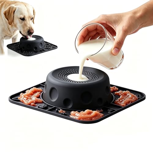 Slow Feeder Dog Bowls with Rolling Ball & Lick Mat for Dogs and Cats - color: Black