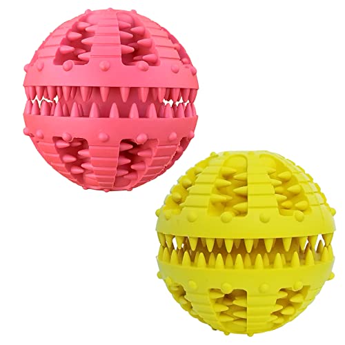 2 Pcs Dog Teeth Ball, Puzzle & Treat Dispensing Dog Toys, Non Toxic Tear Resistant Natural Rubber Toy for Pet Teeth Cleaning/Chewing/Playing/Training (Yellow+Red, 2.36in) - color: Yellow+Red, size: 2.36in