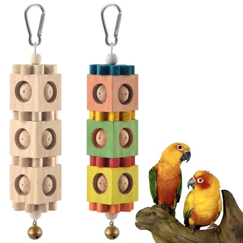 2 Pack Bird Chew Toys for Beak Grinding, Hanging Rotating Wood Block with Bell Parrot Foraging Enrichment Toy for Small to Medium Cocktiel, Conure, Caique
