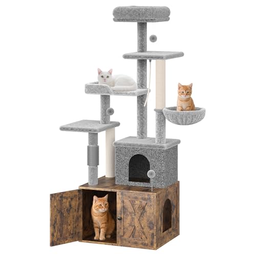 2-in-1 Cat Tree with Hidden Litter Box Enclosure, Multi-Level Cat Tower with Scratching Post and Dangling Balls, Spacious Hammock, Indoor Cat Condo, Rustic Brown