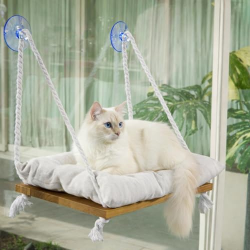 Cat Window Perch, Indoor Hammock Bed with Solid Pine Wood, 4 Industrial-Grade Suction Cups, Window Hammock with Soft Cushion for Cats, Space Saving Design - color: Beige