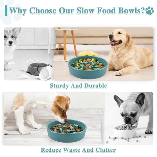 Ceramic Slow Feeder Dog Bowls,2 Cups Dog Food Dish for Medium & Large Breed - color: Dark Green-L