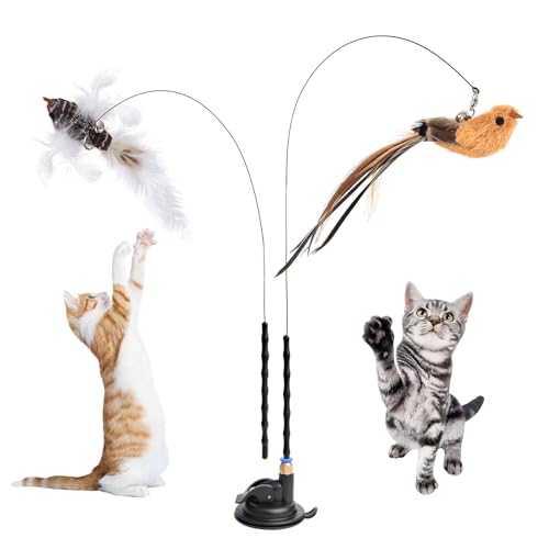 5 Pcs Interactive Cat Feather Toys, Interactive Cat Toys for Indoor Cats, Bird Simulation Cats Feathers Fishing Pole Toy Kit with Suction Base & Replacement Birds for Outdoor Indoor Kitten Playing