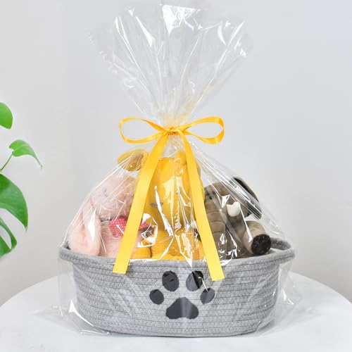 Small Woven Dog Toy Basket with Handle, Cute Paw - color: Grey
