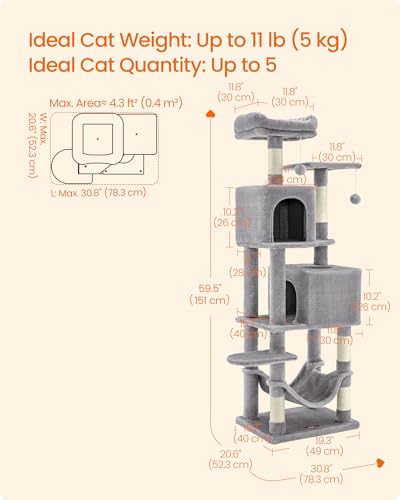 Feandrea Cat Tree, 59.5-Inch Tall Cat Tower, Multi-Level Condo, Light Gray - color: Light Gray, size: 59.5 Inches