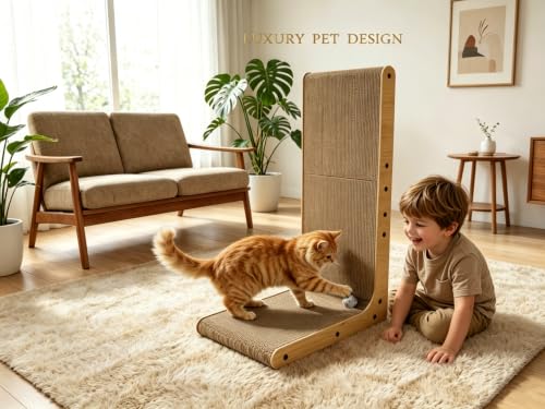 L-Shaped Cat Scratcher, 23.6in Vertical & Horizontal Cardboard Scratching Board with Solid Wood Frame, Stable Furniture Protector for Indoor Cats, Includes Toy Ball