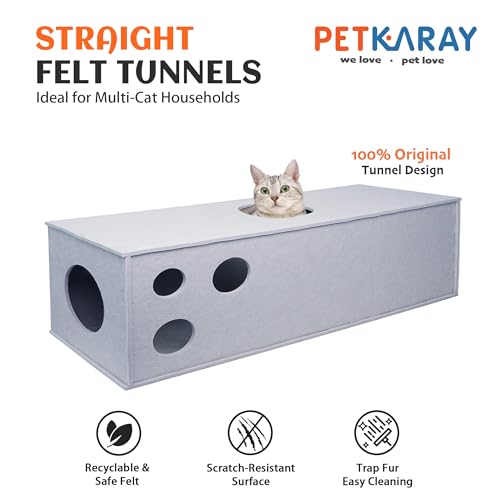 PETKARAY Cat Tunnel, Original Cat Hideaway Cave for Indoor Cats, Large Kitten Play Tubes and Tunnels, Soft Felt Cat Toy with Interactive Peek Hole， Grey Straight - color: Grey, size: Straight Tunnel