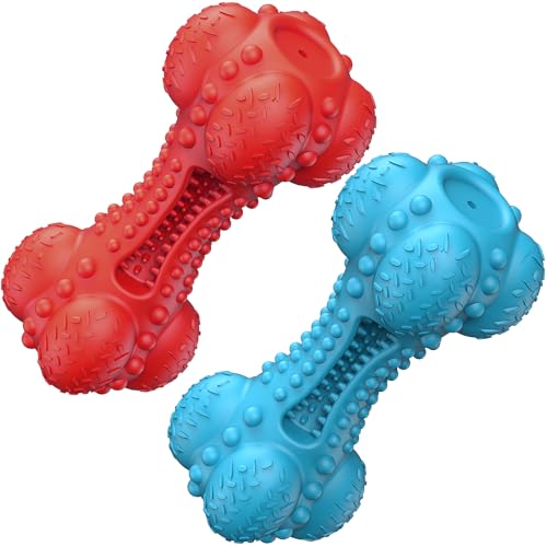 SCHITEC Squeaky Dog Chew Toy for Aggressive Chewers Large Breed, [2 Pack] Tough Interactive Teething Rubber Bone for Big Medium Dogs - color: Red & Blue