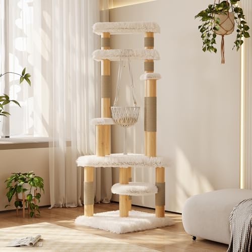 70" Modern Solid Wooden Cat Tree Tower for Large Adult Indoor Cats, Multi-Level Luxury Cat Furniture with Sisal Scratching Post & Hammock, White