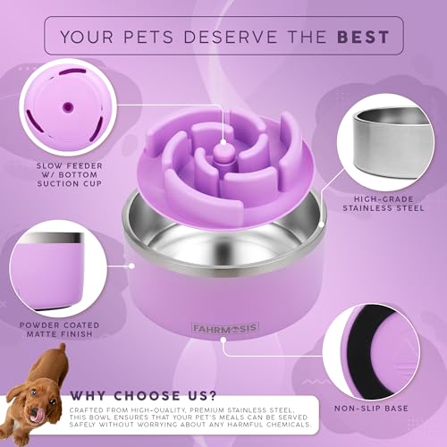 FAHRMOSIS 32 Oz Dog Bowl with Slow Feeder Insert Stainless Steel Pet Water Bowl for Medium & Large Breed Non Slip Rubber Base & Plastic Puzzle Feeder - Lavender - color: Lavender, size: 32 OZ