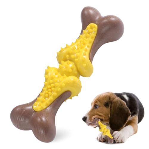 Durable Dog Chew Toys for Large Dogs - Tough Bone-Shaped Dental Chew with TPR Rubber & Wood Fiber, Teething & Aggressive Chewer Toys for Medium/Large Breed, Long-Lasting Teeth Cleaning & Stimulation - color: Yellow