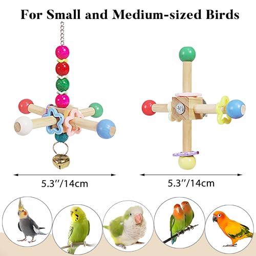 2Pcs Bird Foraging Toys Puzzle, Bird Slow Feeder Mats, Interactive Parrot Foraging Toys & 2pcs Bird Spinner Toys for Parrots with Bells, Natural Wood Parakeet Toys Noise for Cage