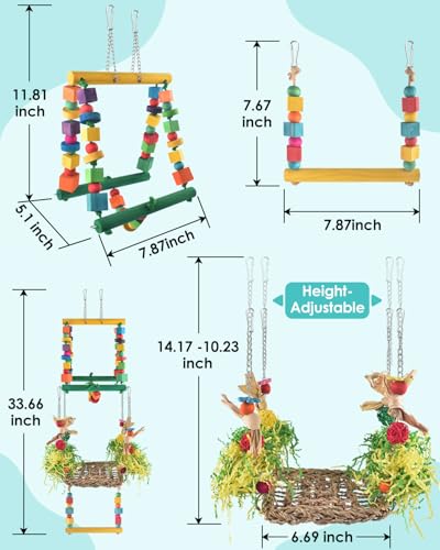DBNESS Bird Hammock Toys Parakeet Perches Swing, 3in1 Detachable Parrot Cage Accessories, Wooden Hanging Chew Toys for Medium Conure Cockatiel Quaker Lory - size: 3 in 1